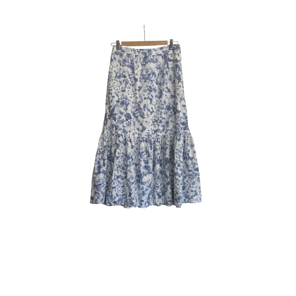 Laura Ashley Blue Floral Linen Blend Tiered Midi Skirt Sz S Cottagecore Boho - Picture 3 of 5